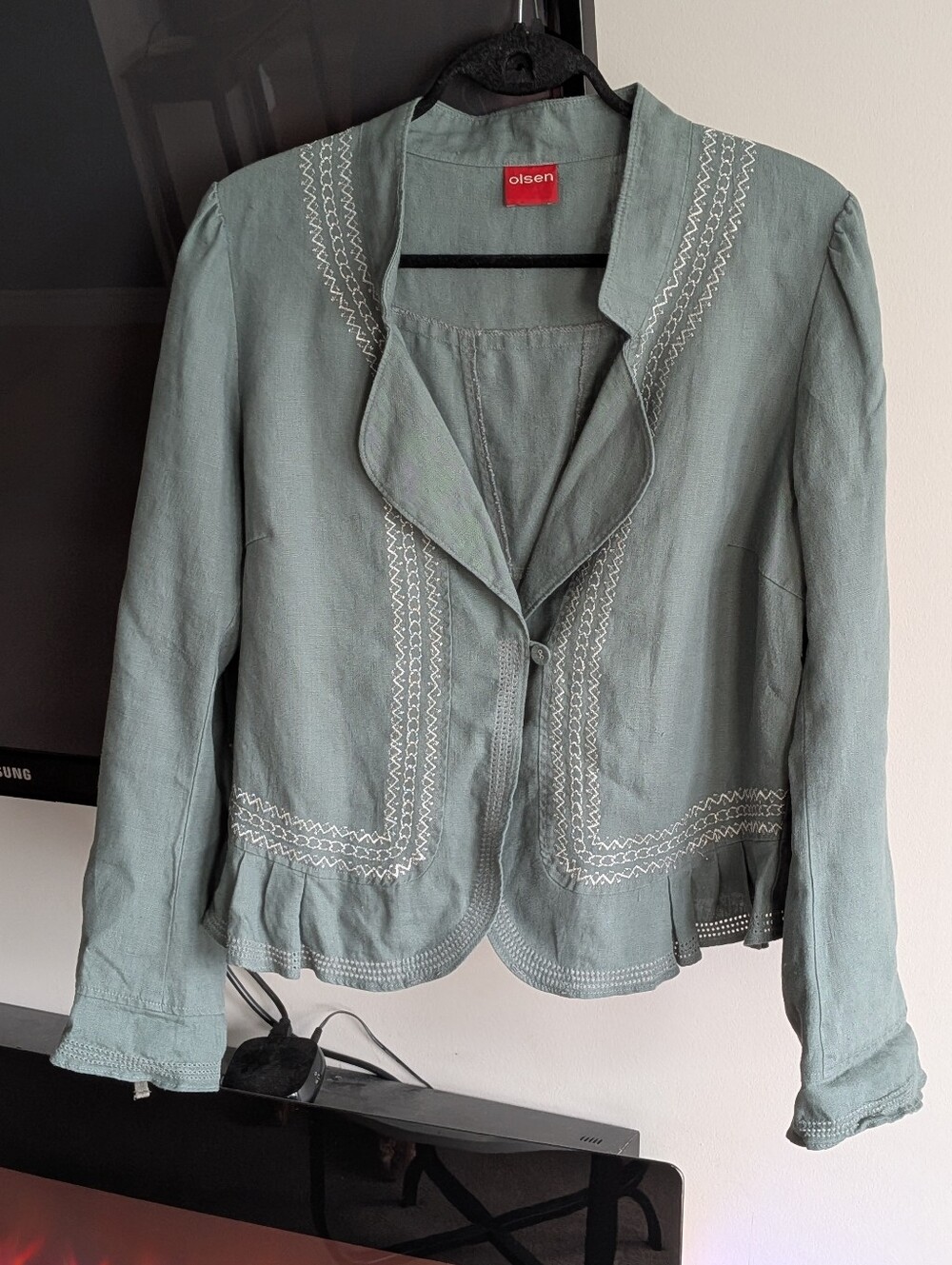 Olsen Europe Lightweight 100% Linen Embroidered Peplum Jacket Size US 10